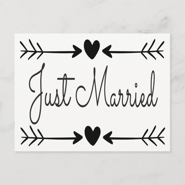Black And White Just Married Heart Arrows Wedding Announcement Postcard (Front)