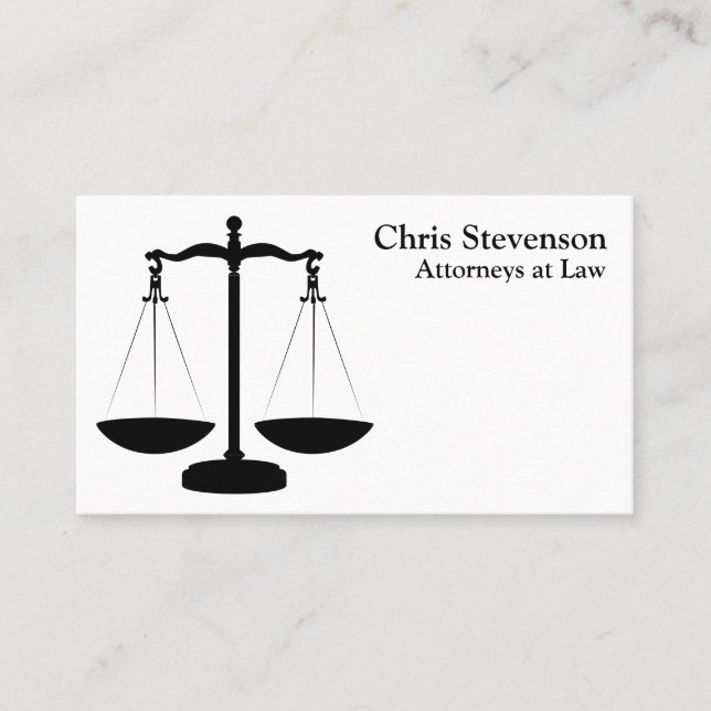 Black and White Justice Scale Attorney Business Card (Front)