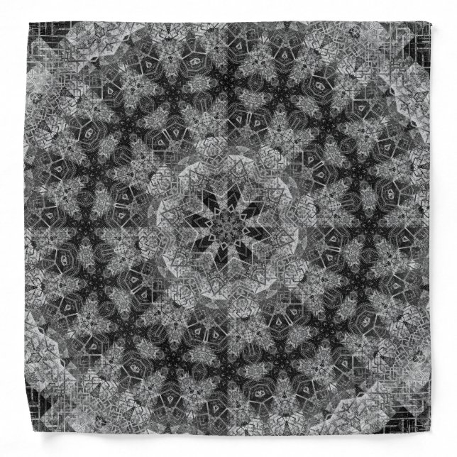 BLACK AND WHITE KALEIDOSCOPIC GEOMETRIC MANDALA BANDANA (Front)