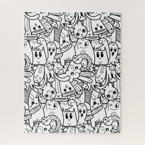 Black and White  Kawaii Halloween Monster Collage Jigsaw Puzzle