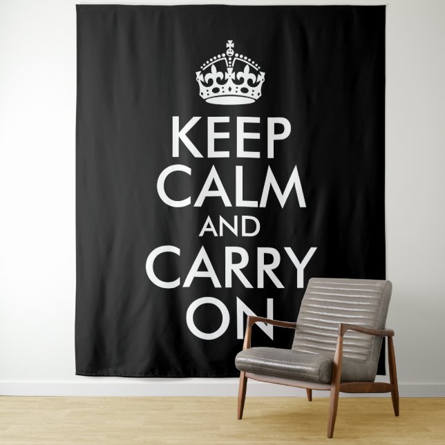 Black and White Keep Calm and Carry On Tapestry (In Situ)