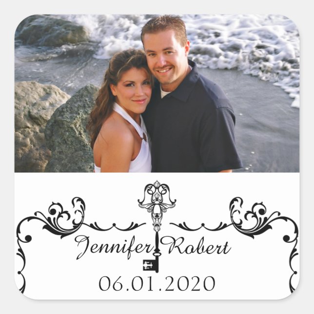 Black and White Key Wedding Favor Sticker (Front)