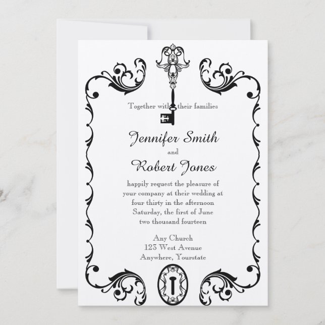 Black and White Key Wedding Invitation (Front)