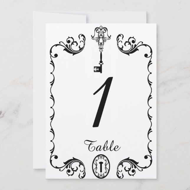 Black and White Key Wedding Table Number (Front)