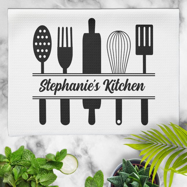 Black and White Kitchen Utensils Personalized Kitchen Towel (Creator Uploaded)