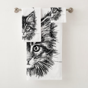 Black and White Kitten Face Bath Towel Set