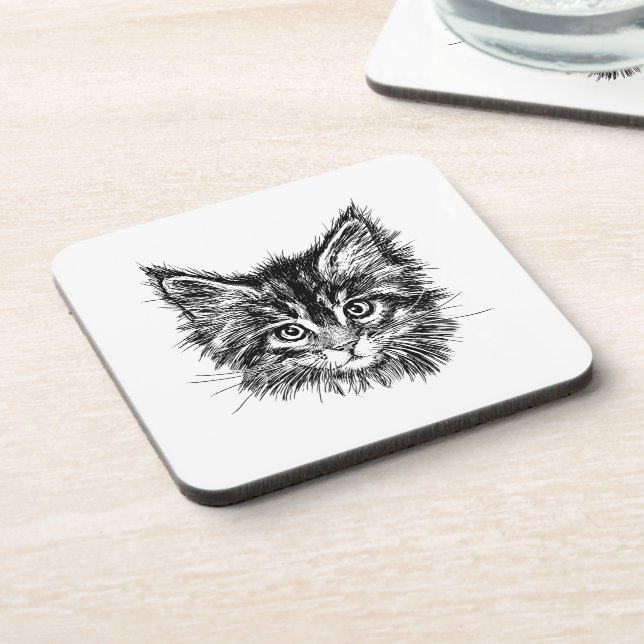 Black and White Kitten Face Beverage Coaster (Left Side)