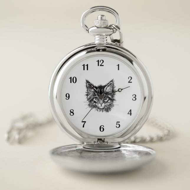 Black and White Kitten Face Black Numbers Pocket Watch (Inside)
