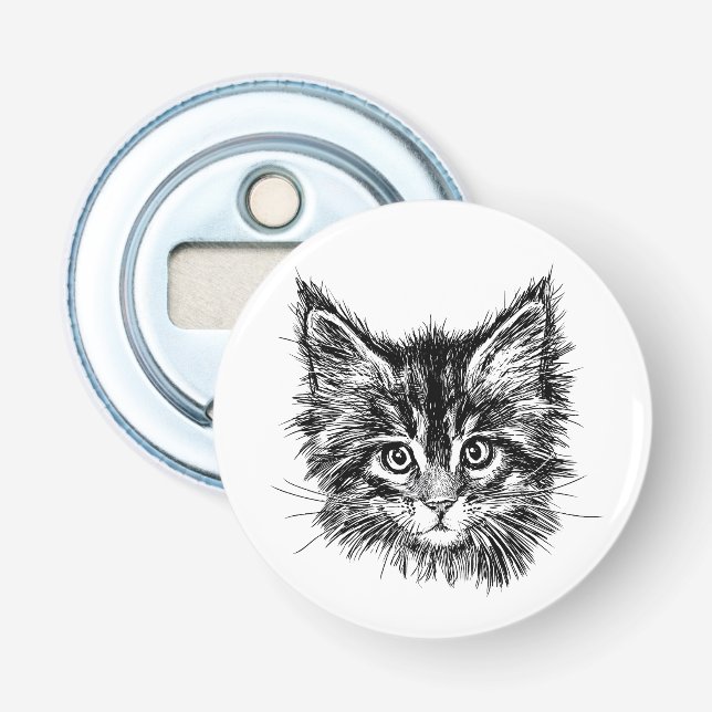 Black and White Kitten Face Bottle Opener (Front)