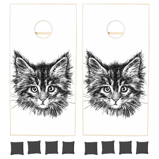 Black and White Kitten Face Cornhole Set (Set)
