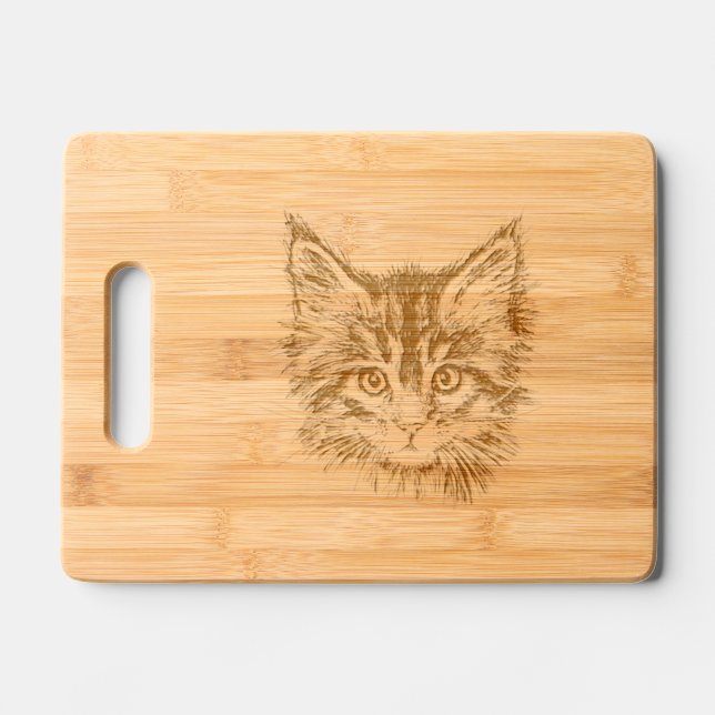 Black and White Kitten Face Engraved Cutting Board (Front)