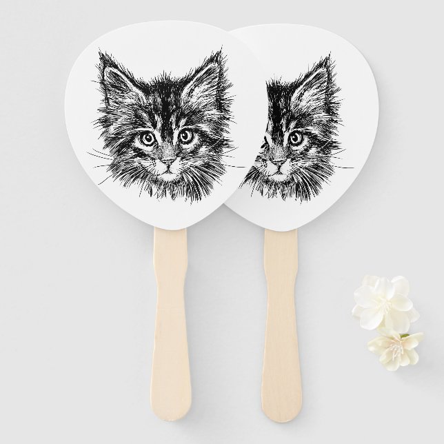 Black and White Kitten Face Hand Fan (Front and Back)