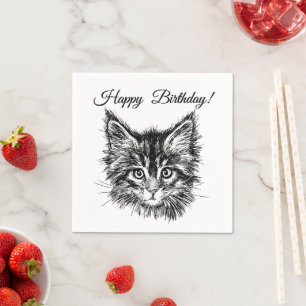 Black and White Kitten Face Happy Birthday Napkins