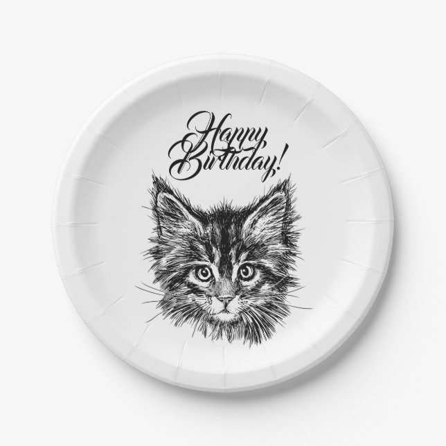 Black and White Kitten Face Happy Birthday Paper Plates (Front)