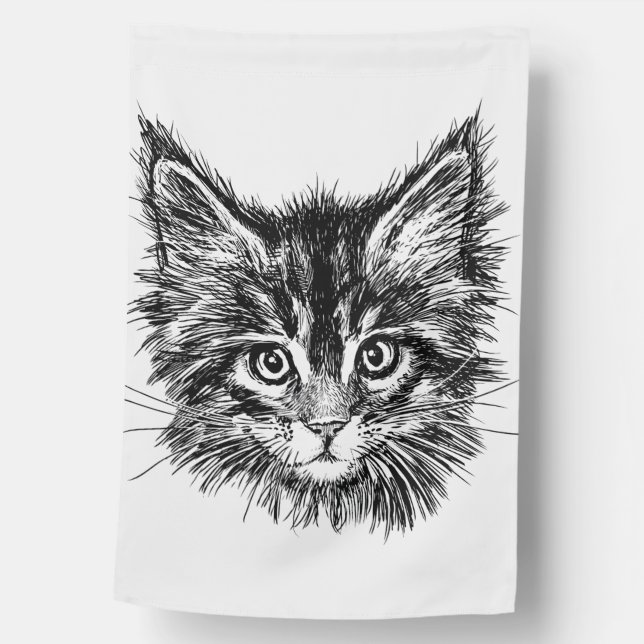 Black and White Kitten Face House Flag (Front)
