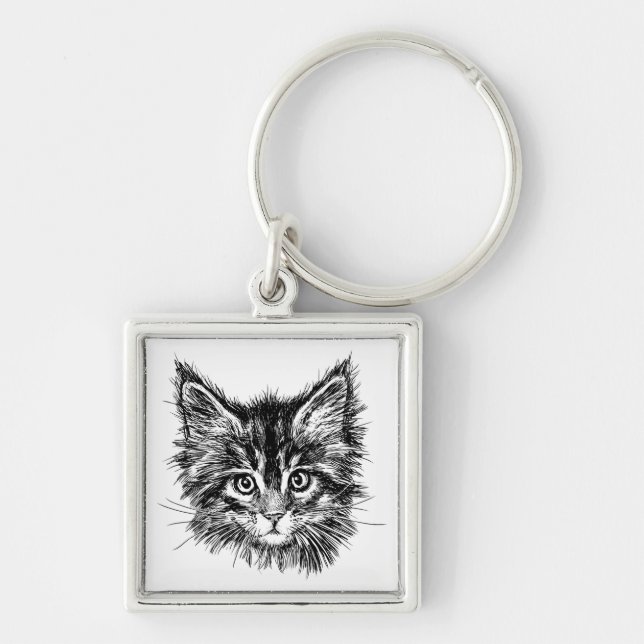 Black and White Kitten Face Keychain (Front)