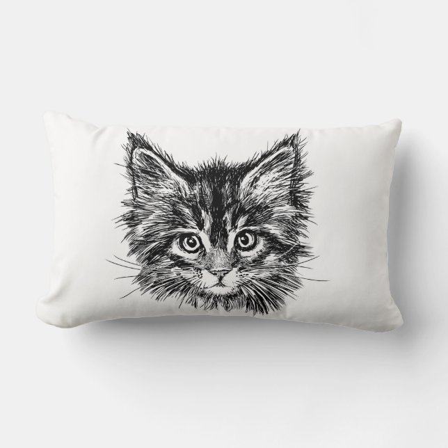 Black and White Kitten Face Lumbar Pillow (Front)