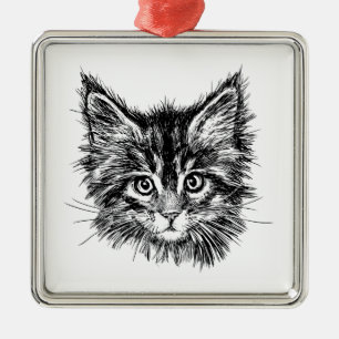 Black and White Kitten Face Metal Ornament
