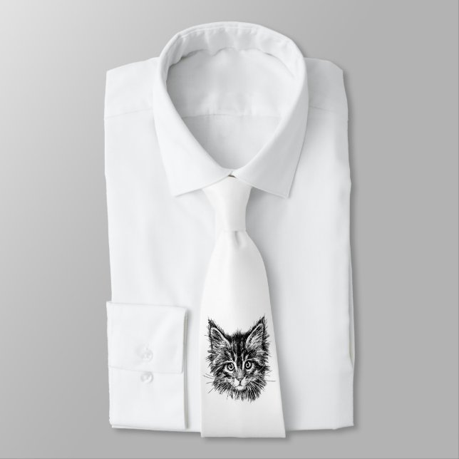 Black and White Kitten Face Neck Tie (Tied)