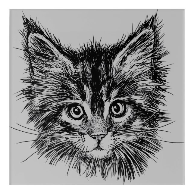 Black and White Kitten Face on Gray Acrylic Print (Front)