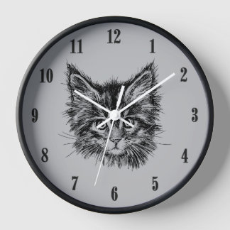 Black and White Kitten Face on Gray Black Numbers Clock