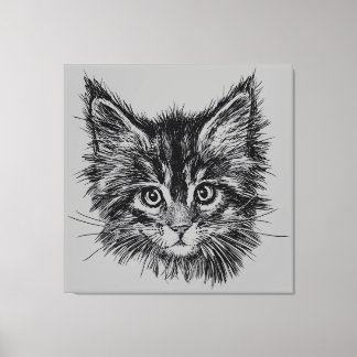 Black and White Kitten Face on Gray Canvas Print