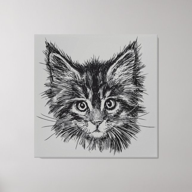 Black and White Kitten Face on Gray Canvas Print (Front)