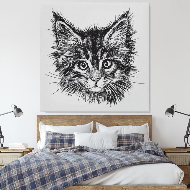 Black and White Kitten Face on Gray Canvas Print (Insitu(Bedroom))