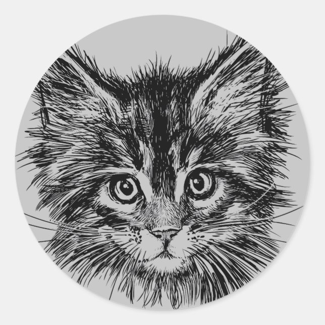 Black and White Kitten Face on Gray Classic Round Sticker (Front)