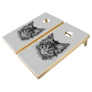 Black and White Kitten Face on Gray Cornhole Set