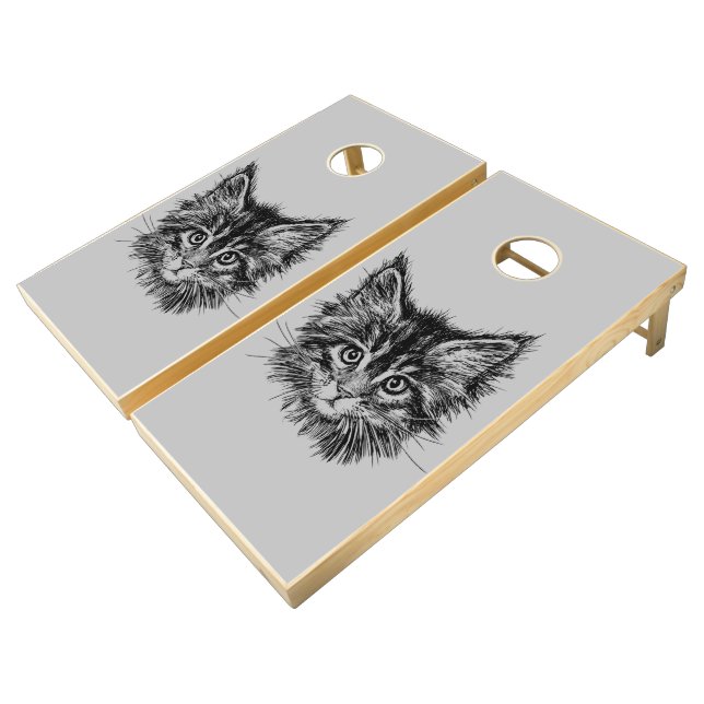 Black and White Kitten Face on Gray Cornhole Set (Angled)