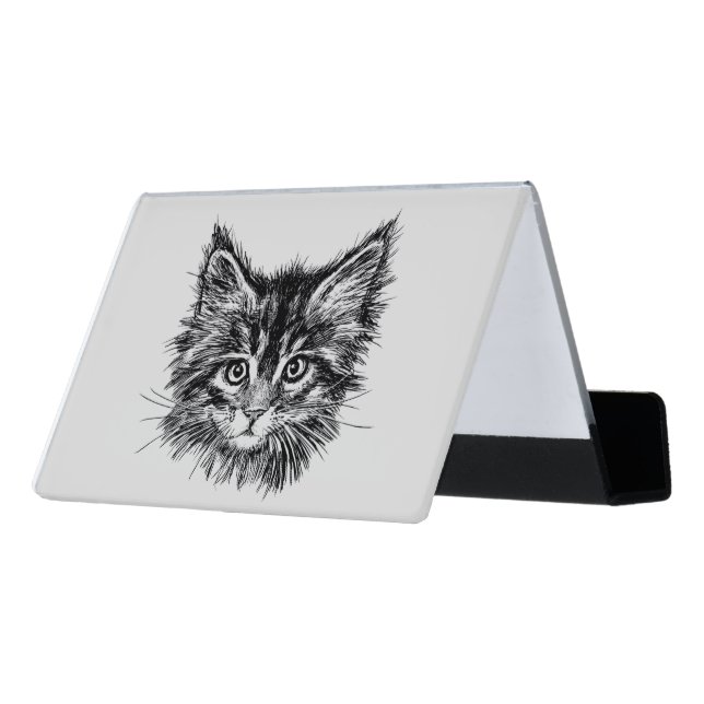 Black and White Kitten Face on Gray Desk Business Card Holder (Angled Back)