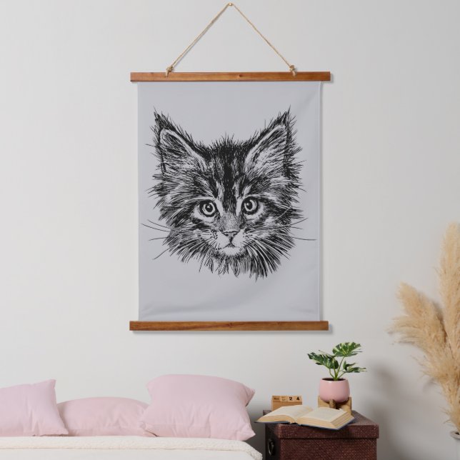 Black and White Kitten Face on Gray Hanging Tapestry (Bedroom)