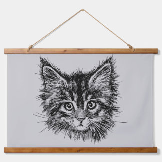 Black and White Kitten Face on Gray Hanging Tapestry