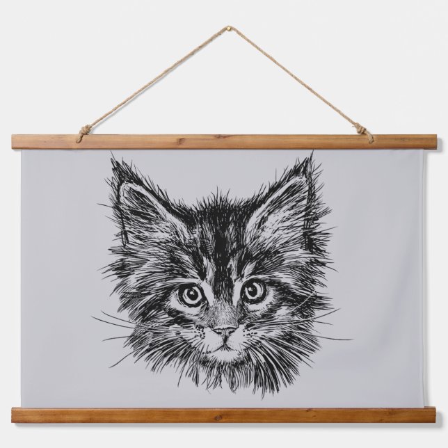 Black and White Kitten Face on Gray Hanging Tapestry (Front)