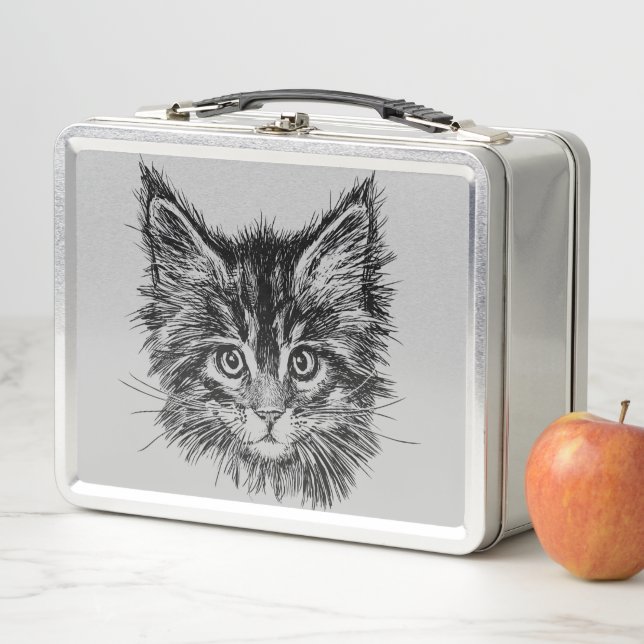 Black and White Kitten Face on Gray Metal Lunch Box (In Situ)