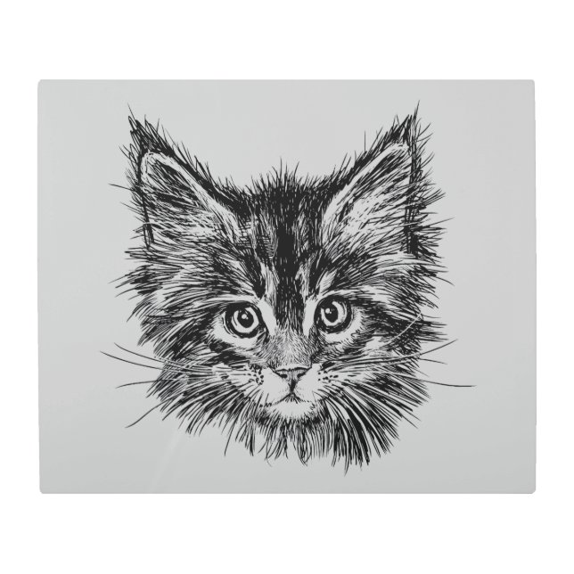 Black and White Kitten Face on Gray Metal Print (Front)