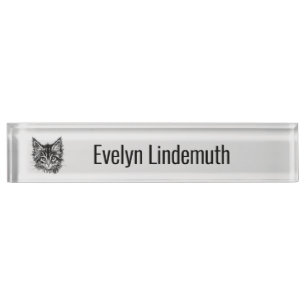 Black and White Kitten Face on Gray Personal Desk Name Plate