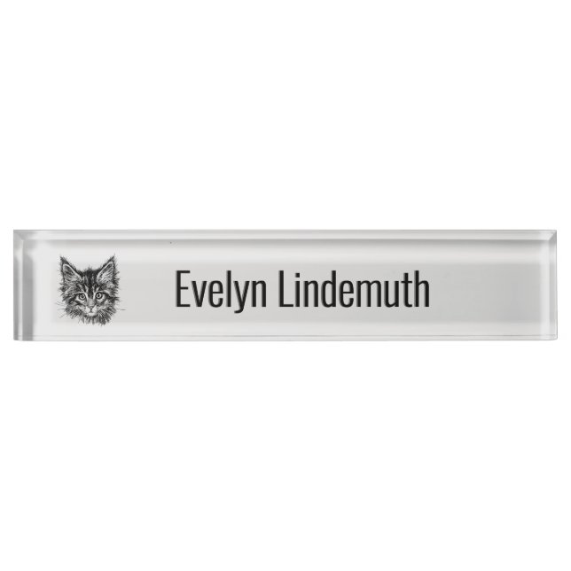 Black and White Kitten Face on Gray Personal Desk Name Plate (Front)