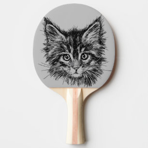 Black and White Kitten Face on Gray Ping Pong Paddle