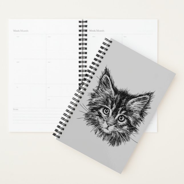 Black and White Kitten Face on Gray Planner (Display)
