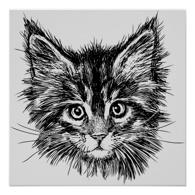 Black and White Kitten Face on Gray Poster (Front)