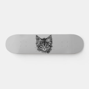 Black and White Kitten Face on Gray Skateboard