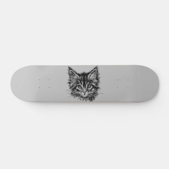 Black and White Kitten Face on Gray Skateboard (Horz)
