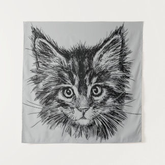 Black and White Kitten Face on Gray Tapestry