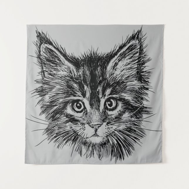 Black and White Kitten Face on Gray Tapestry (Front)