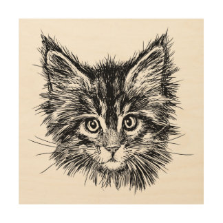 Black and White Kitten Face on Gray Wood Wall Art