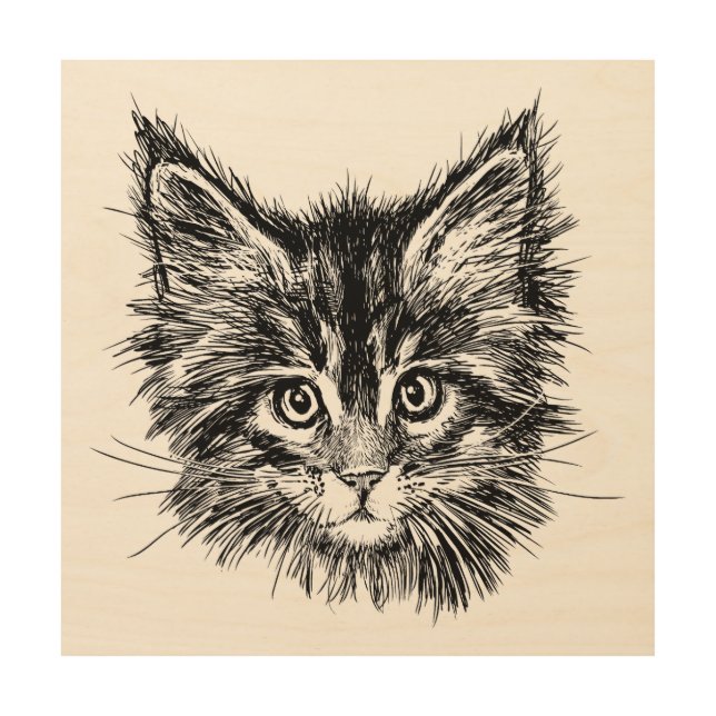 Black and White Kitten Face on Gray Wood Wall Art (Front)