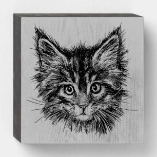 Black and White Kitten Face on Gray Wooden Box Sign