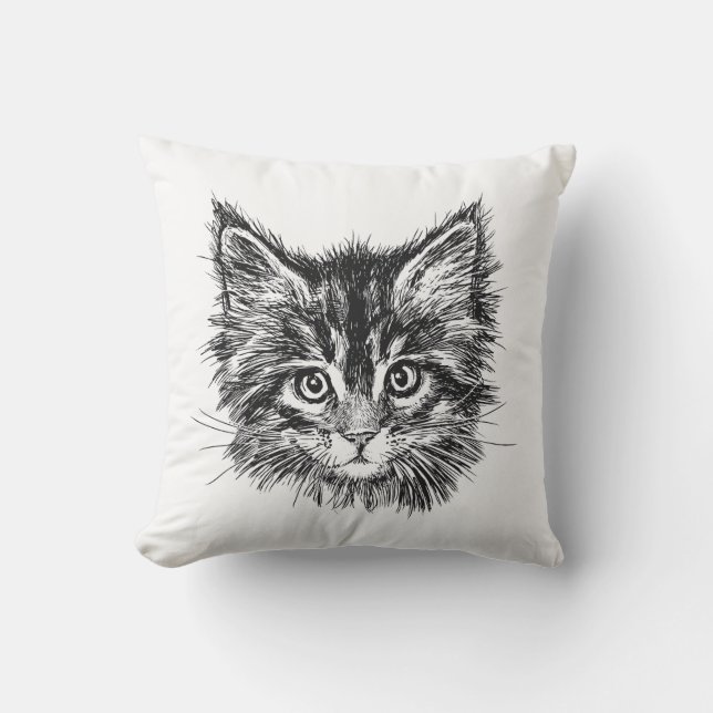 Black and White Kitten Face Outdoor Pillow (Front)